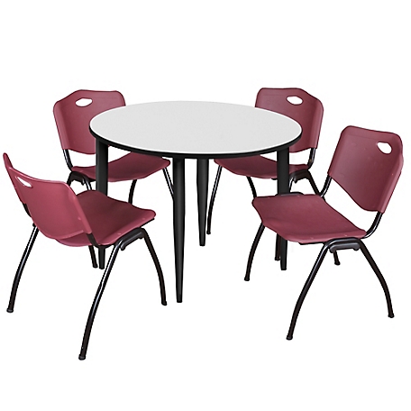 Regency Kahlo 48 in. Round Breakroom Table Top, Black Base & 4 Burgundy M Stack Chairs