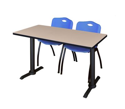 Regency Cain 48 x 24 in. T-Base Training Seminar Table & 2 M Stack Blue Chairs