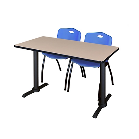 Regency Cain 48 x 24 in. T-Base Training Seminar Table & 2 M Stack Blue Chairs