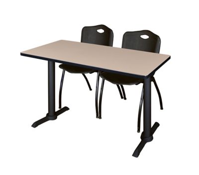 Regency Cain T-Base Training Seminar Table with 2 M Stack Chairs, 48 in. x 24 in., Black