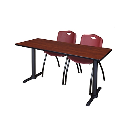 Regency Cain 60 x 24 in. T-Base Training Seminar Table & 2 M Stack Burgundy Chairs