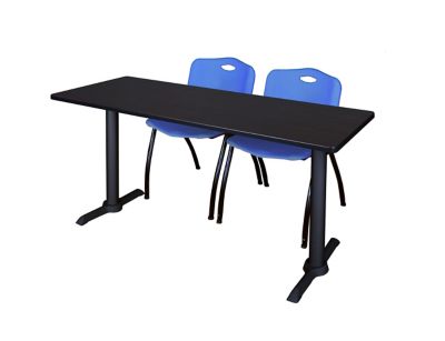 Regency Cain T-Base Training Seminar Table with 2 M Stack Chairs, 60 in. x 24 in., Blue