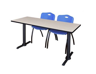 Regency Cain T-Base Training Seminar Table with 2 M Stack Chairs, 60 in. x 24 in., Blue