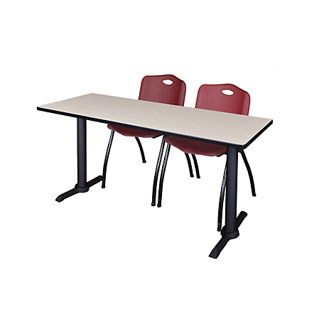 Regency Cain 60 x 24 in. T-Base Training Seminar Table & 2 M Stack Burgundy Chairs