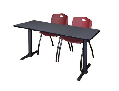 Regency Cain 66 x 24 in. T-Base Training Seminar Table & 2 M Stack Burgundy Chairs