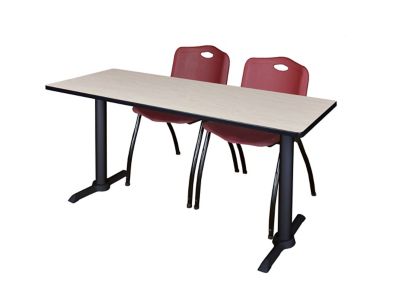 Regency Cain 66 x 24 in. T-Base Training Seminar Table & 2 M Stack Burgundy Chairs