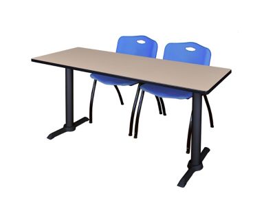 Regency Cain 72 x 24 in. T-Base Training Seminar Table & 2 M Stack Blue Chairs