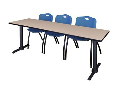 Regency Cain 84 x 24 in. T-Base Training Seminar Table & 3 M Stack Blue Chairs