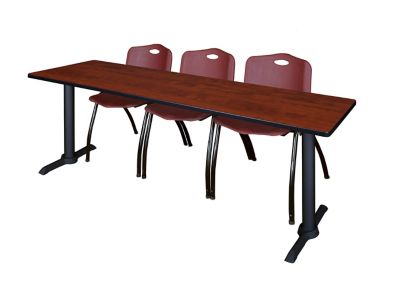 Regency Cain T-Base Training Seminar Table with 3 M Stack Chairs, 84 in. x 24 in., Burgundy