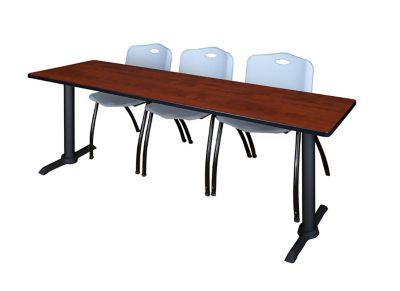 Regency Cain T-Base Training Seminar Table with 3 M Stack Chairs, 84 in. x 24 in., Gray
