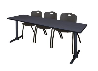 Regency Cain T-Base Training Seminar Table with 3 M Stack Chairs, 84 in. x 24 in., Black