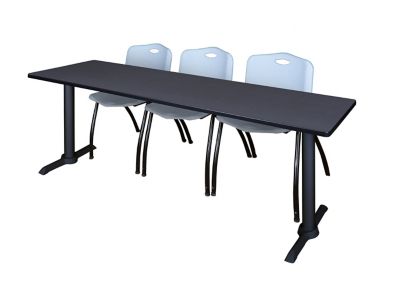 Regency Cain T-Base Training Seminar Table with 3 M Stack Chairs, 84 in. x 24 in., Gray