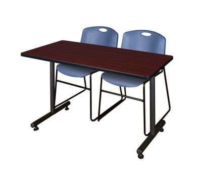 Regency Kobe 48 x 24 in. T-Base Training Seminar Table & 2 Blue  Zeng Stack Chairs