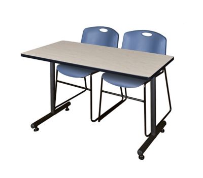 Regency Kobe 48 x 24 in. T-Base Training Seminar Table  & 2 Blue Zeng Stack Chairs