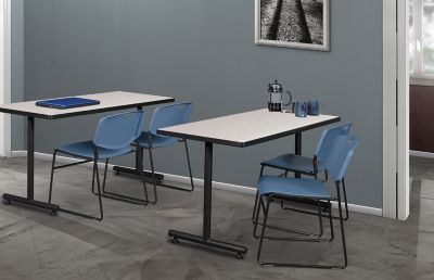 Image showing  Kobe 48 x 24 in. T-Base Training Seminar Table & 2 Blue Zeng Stack Chairs