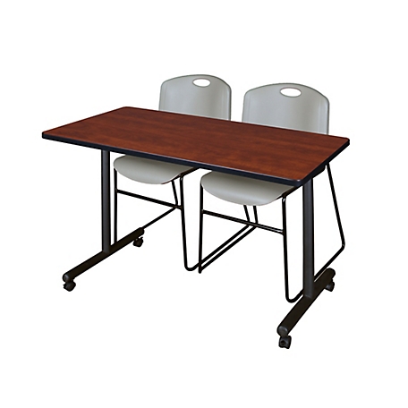 Regency Kobe 48 x 24 in. Mobile T-Base Training Table & 2 Grey Zeng Stack Chairs