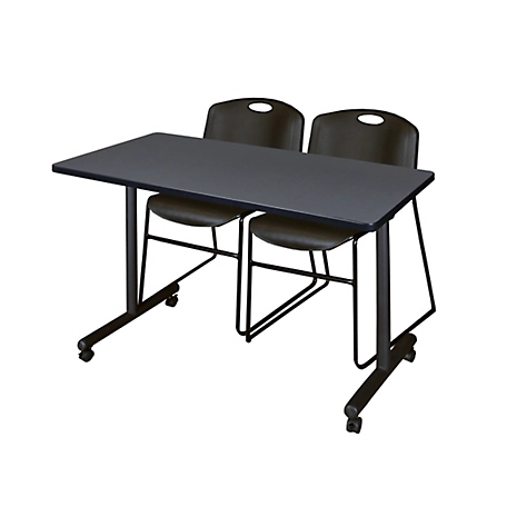 Regency Kobe 48 x 24 in. Mobile T-Base Training Table & 2 Black Zeng Stack Chairs
