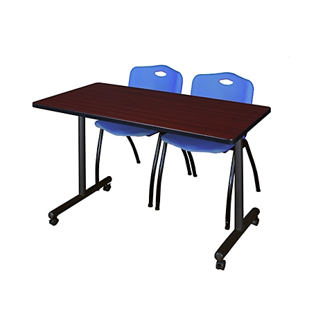 Regency Kobe 48 x 24 in. Mobile T-Base Training Table & 2 Blue M Stack Chairs