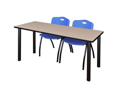 Regency Kee 72 x 24 in. Training Table Top with Black Legs & 2 Blue M Stack Chairs