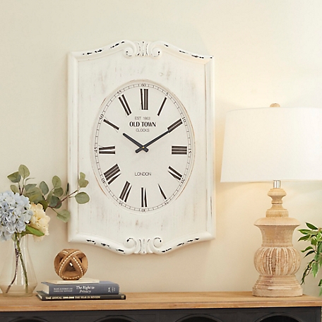 Harper & Willow White Wood Farmhouse Vintage Wall Clock, 22 in. x 4 in. x 31 in.