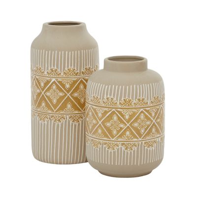 Image showing  2 pc. Beige Ceramic Bohemian Vase Set, 9 in., 11 in.