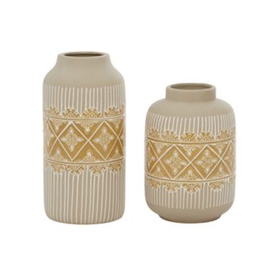 Image showing  2 pc. Beige Ceramic Bohemian Vase Set, 9 in., 11 in.