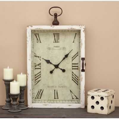 Harper & Willow White Wooden Pocket Watch Style Wall Clock with Hinged Door, 20" x 5" x 34"