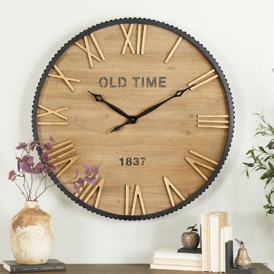 Harper & Willow Brown Wooden Wall Clock with Gold Accents 36 in. x 3 in. x 36 in.