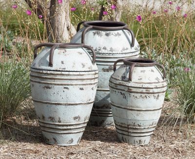 Harper & Willow Metal Distressed Vase Set with Handles, Blue, 3 pc.