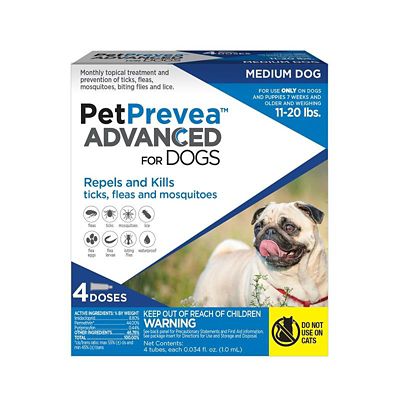 PetPrevea Advanced Flea and Tick Prevention Spot Treatment for Dogs, 1 Month Supply, Medium Dogs 11-20 lb., 4 Doses