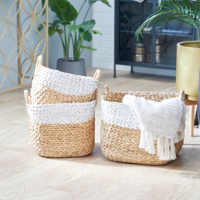 Harper & Willow Brown Seagrass Handmade Two Toned Storage Basket with Handles, Set of 3, 19 in., 17 in., 15 in.W