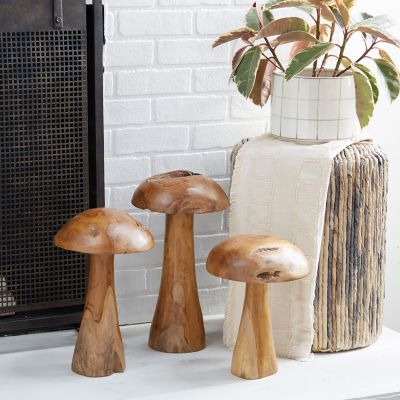 Harper & Willow Brown Teak Wood Contemporary Mushroom Sculpture, 16 in., 14 in., 12 in., 3 pc.