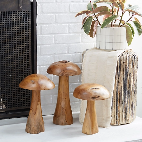 Harper & Willow Brown Teak Wood Contemporary Mushroom Sculpture, 16 in., 14 in., 12 in., 3 pc.