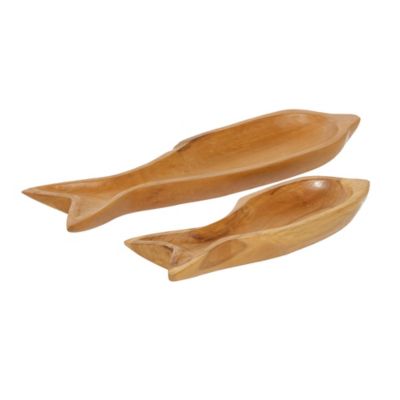 Image showing  Brown Teak Wood Handmade Fish Tray Set of 2 24", 16"W