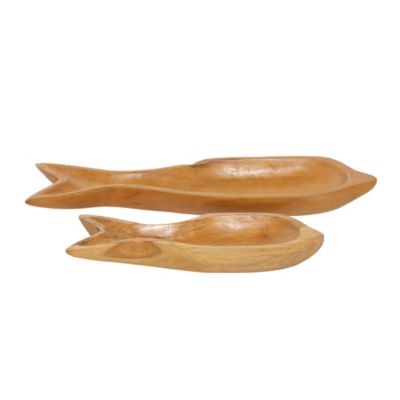 Image showing  Brown Teak Wood Handmade Fish Tray Set of 2 24", 16"W