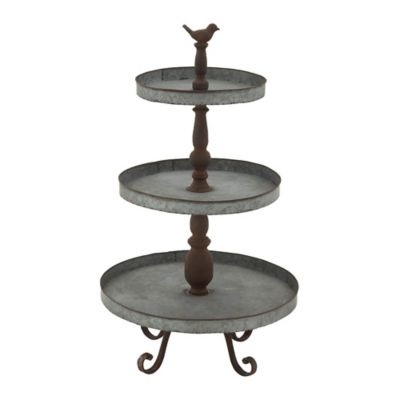 Image showing  Silver Metal 3 Level Bird Tiered Server with Scrolled Base 16" x 16" x 28"