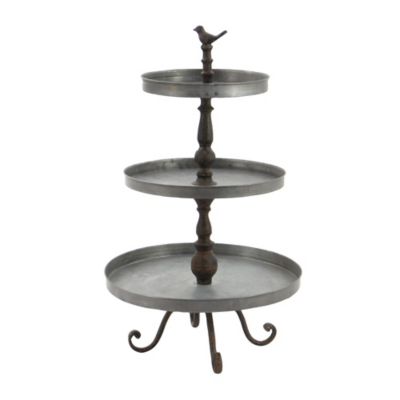 Image showing  Silver Metal 3 Level Bird Tiered Server with Scrolled Base 16" x 16" x 28"