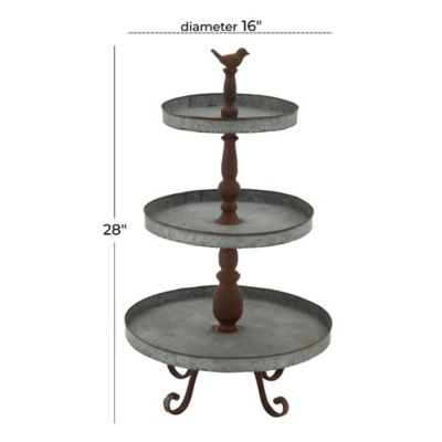 Image showing  Silver Metal 3 Level Bird Tiered Server with Scrolled Base 16" x 16" x 28"