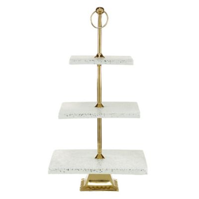 Image showing  White Ceramic Terrazzo 3 Level Tiered Server with Gold Base 12" x 12" x 22"