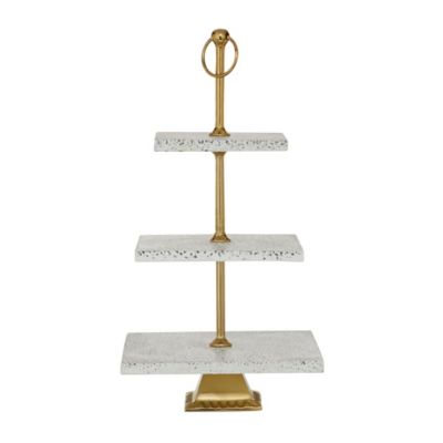 Image showing  White Ceramic Terrazzo 3 Level Tiered Server with Gold Base 12" x 12" x 22"