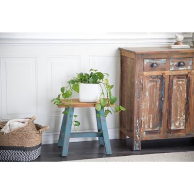 Harper & Willow Blue Wood Farmhouse Stool, 20 in. x 14 in. x 18 in., 36921