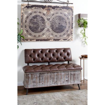 Harper & Willow Wood Storage Bench with Tufted Faux Leather Seat and Back, 47 in. x 20 in. x 32 in., Brown