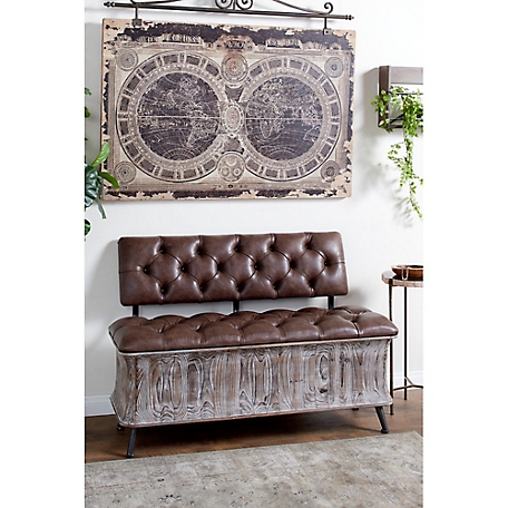 Harper & Willow Brown Wood Storage Bench with Tufted Faux Leather Seat and Back 47" x 20" x 32"
