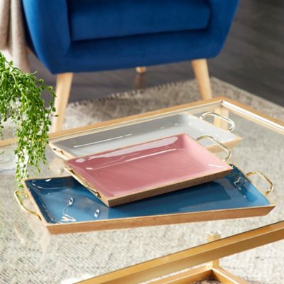 Harper & Willow Multi-Colored Mango Wood Tray with Enamel Interior Set of 3 - 24, 18, 15 in.