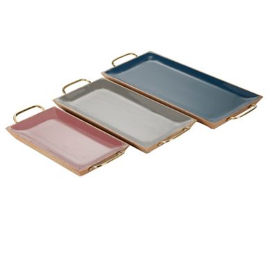 Image showing  Multi-Colored Mango Wood Tray with Enamel Interior Set of 3 - 24, 18, 15 in.
