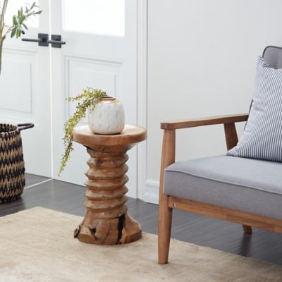 Harper & Willow Brown Teak Wood Handmade Live Edge Accent Table with Coiled Base 13 in. x 13 in. x 19 in.