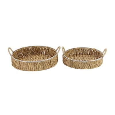 Image showing  2 pc. Dried Plant Handmade Woven Tray Set, Assorted, Brown