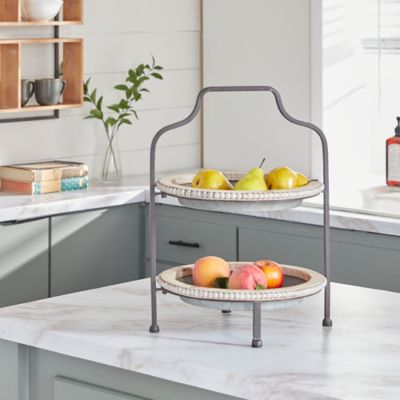 Harper & Willow Gray Metal Beaded 2 Level Tiered Server 16 in. x 15 in. x 20 in.