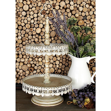 Harper & Willow White Metal 2 Level Tiered Server with Lace Inspired Edge 12" x 12" x 24"