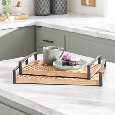 Harper & Willow Brown Wood Diamond Pattern Tray with Black Handles Set of 2 19 in., 16 in.W